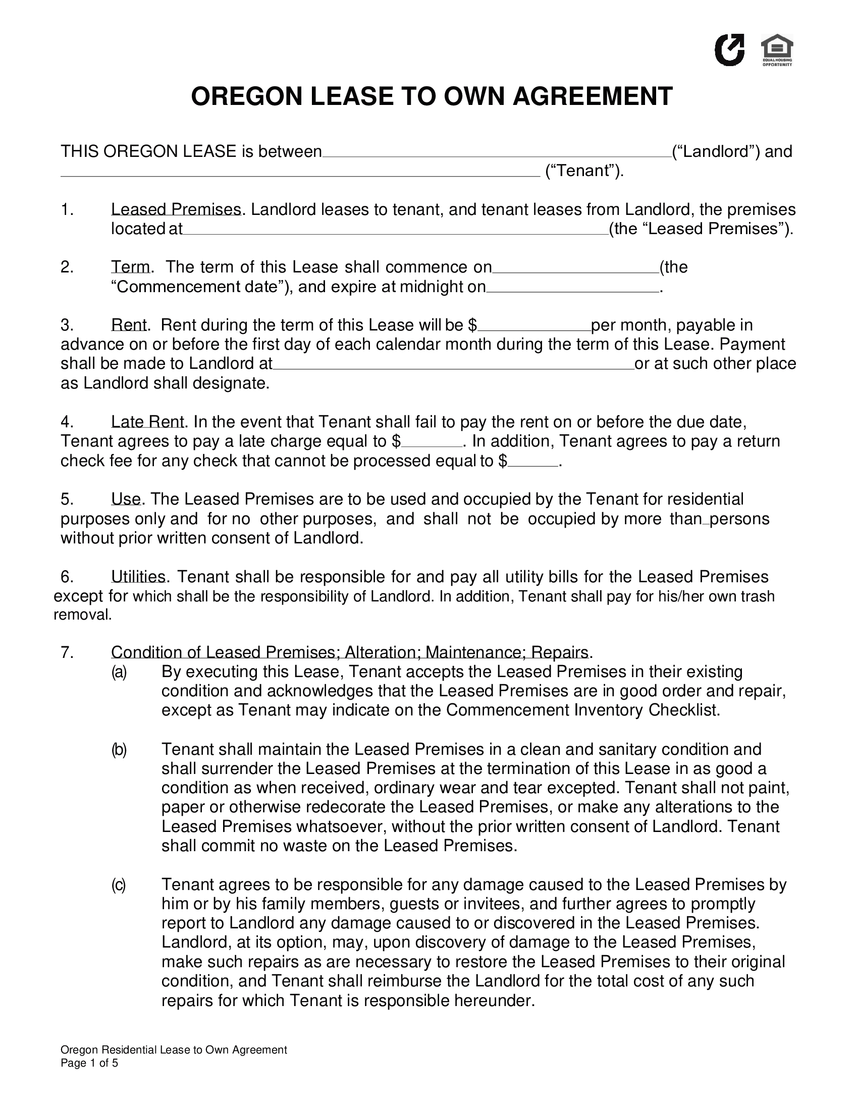 Oregon Lease to Own Agreement - Thumbnail