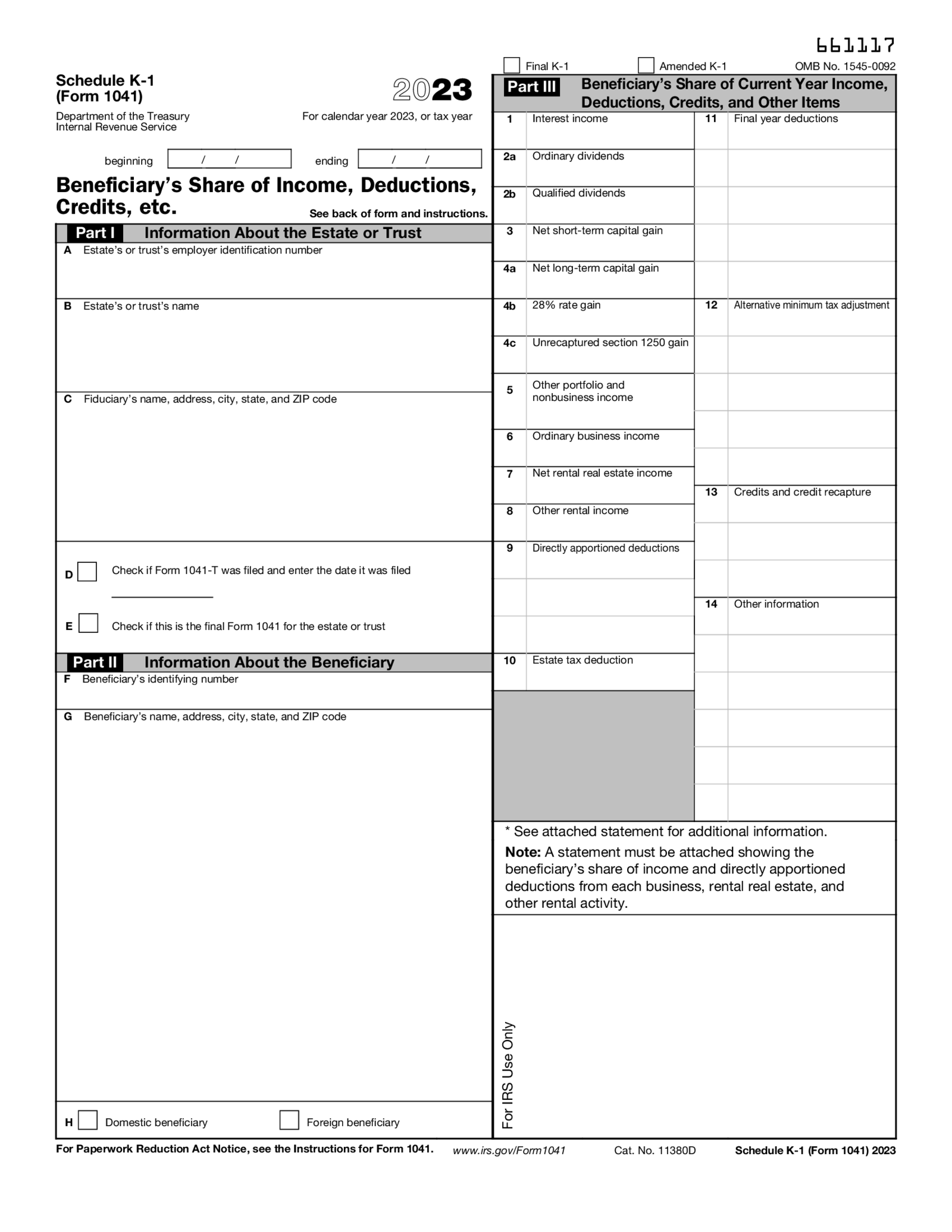 Form 1041 Schedule K-1 (2023) - Thumbnail