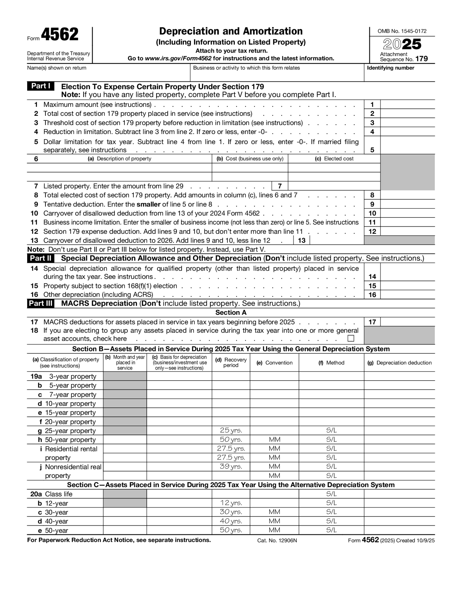 Form 4562, Depreciation and Amortization - Thumbnail