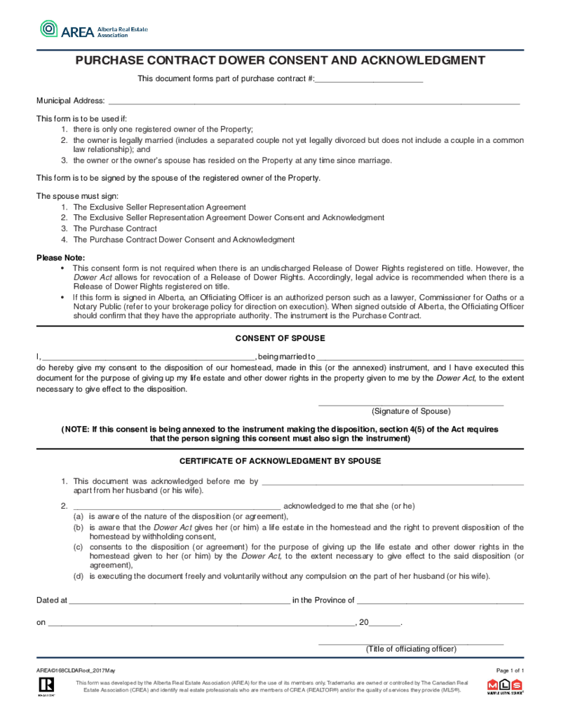 AREA Purchase Contract Dower Consent and Acknowledgment