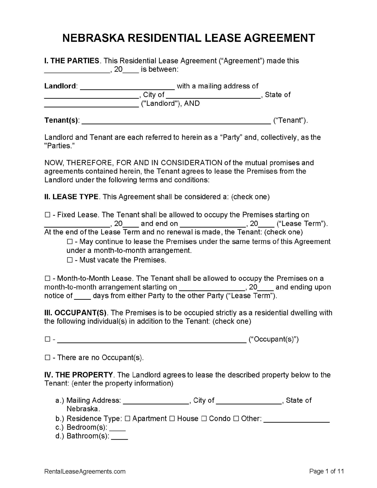 Nebraska Residential Lease Agreement - Thumbnail