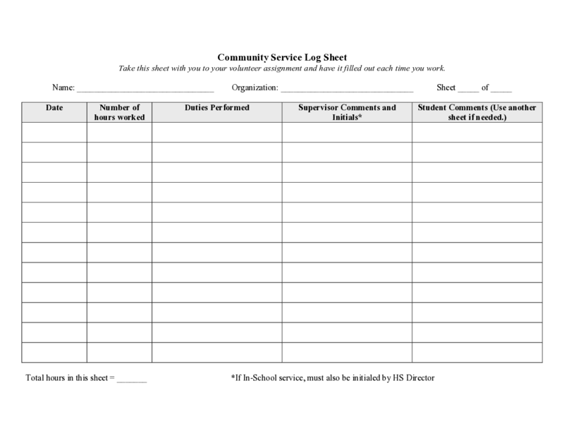 Community Service Log Sheet