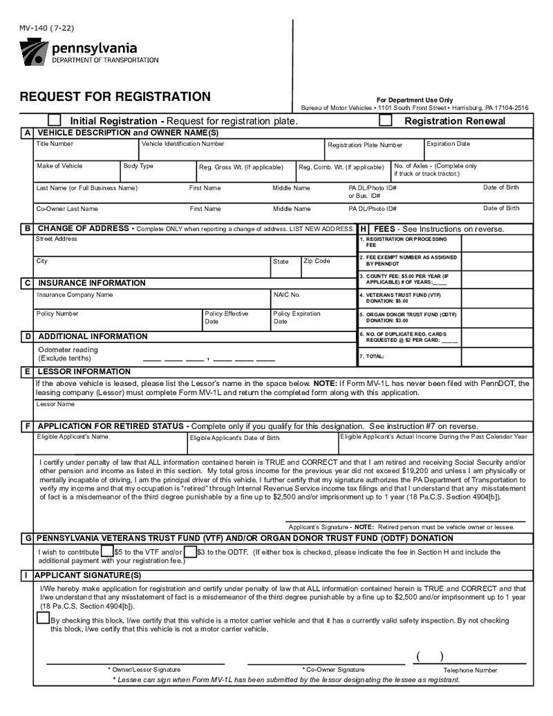 Pennsylvania Renewal Registration - MV-140