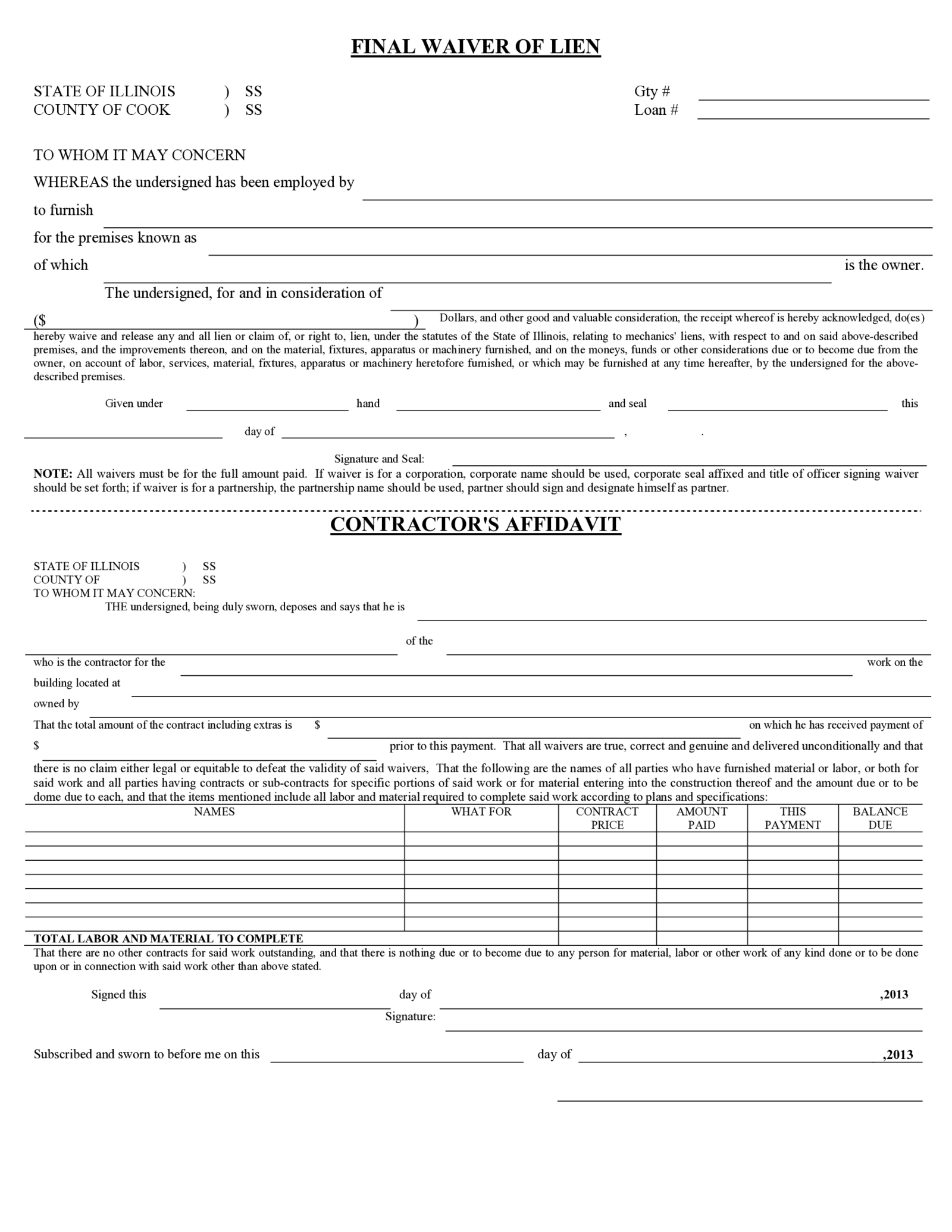 Release Of Lien Form Illinois - Thumbnail