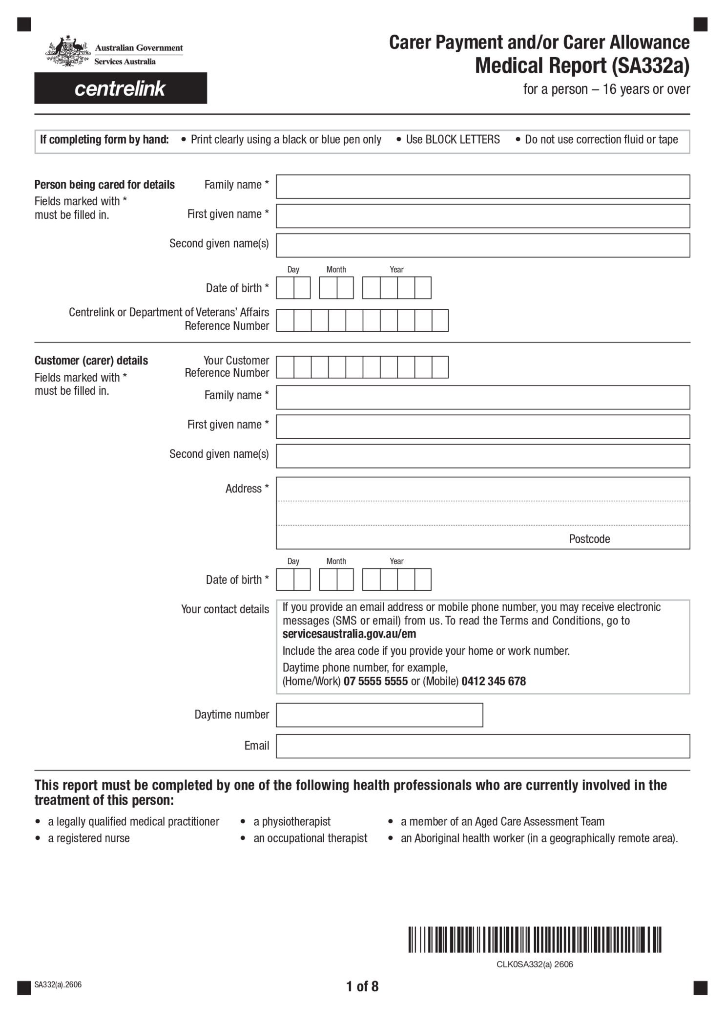 Form AU SA332a Carer Allowance Medical Report - Thumbnail