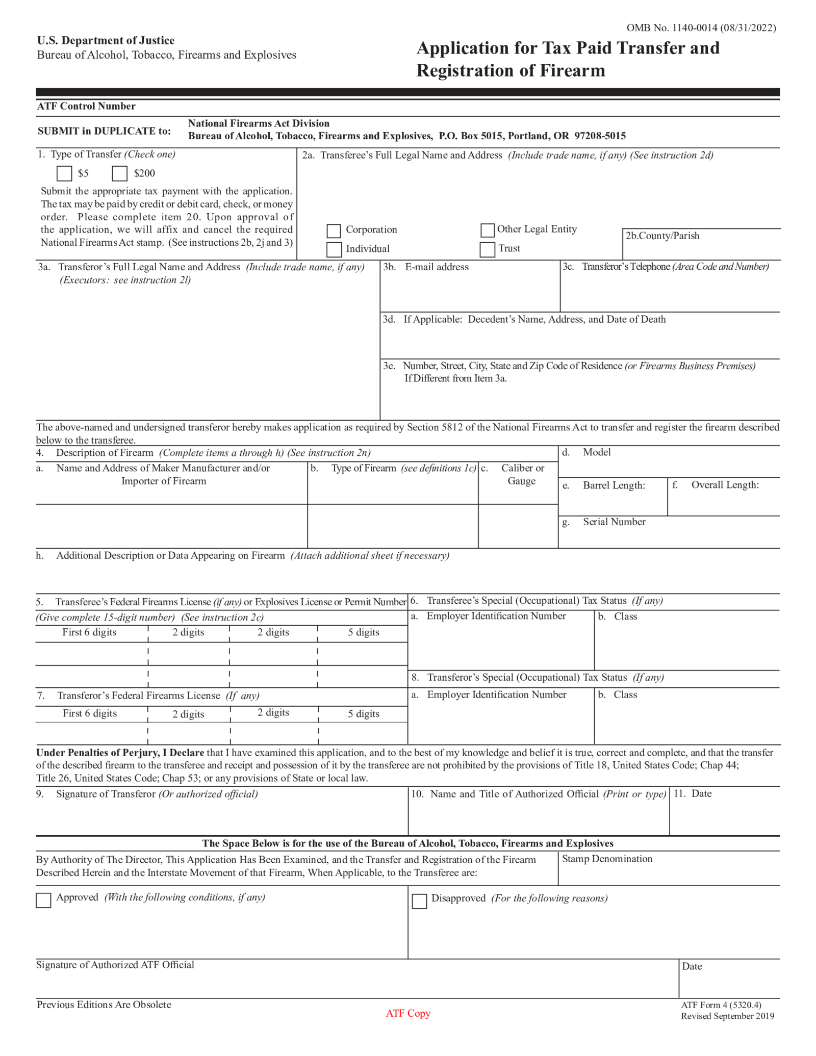 Fillable ATF Form 4 (2022) - Thumbnail