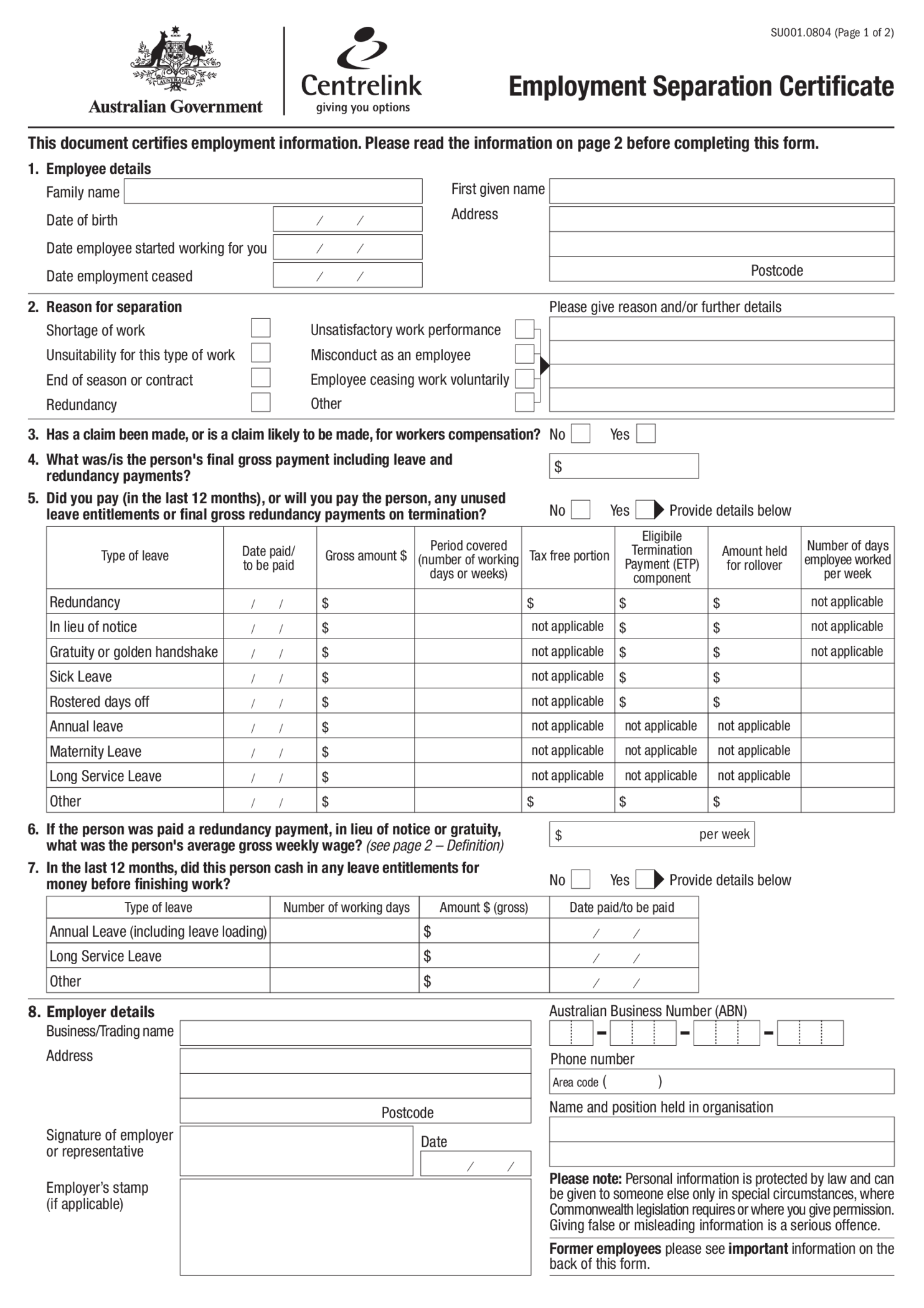 Employment Separation Certificate Form - Thumbnail