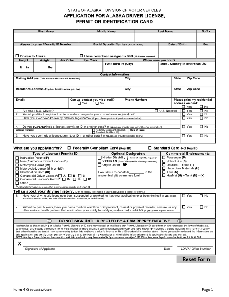 Form 478 Alaska State ID Application