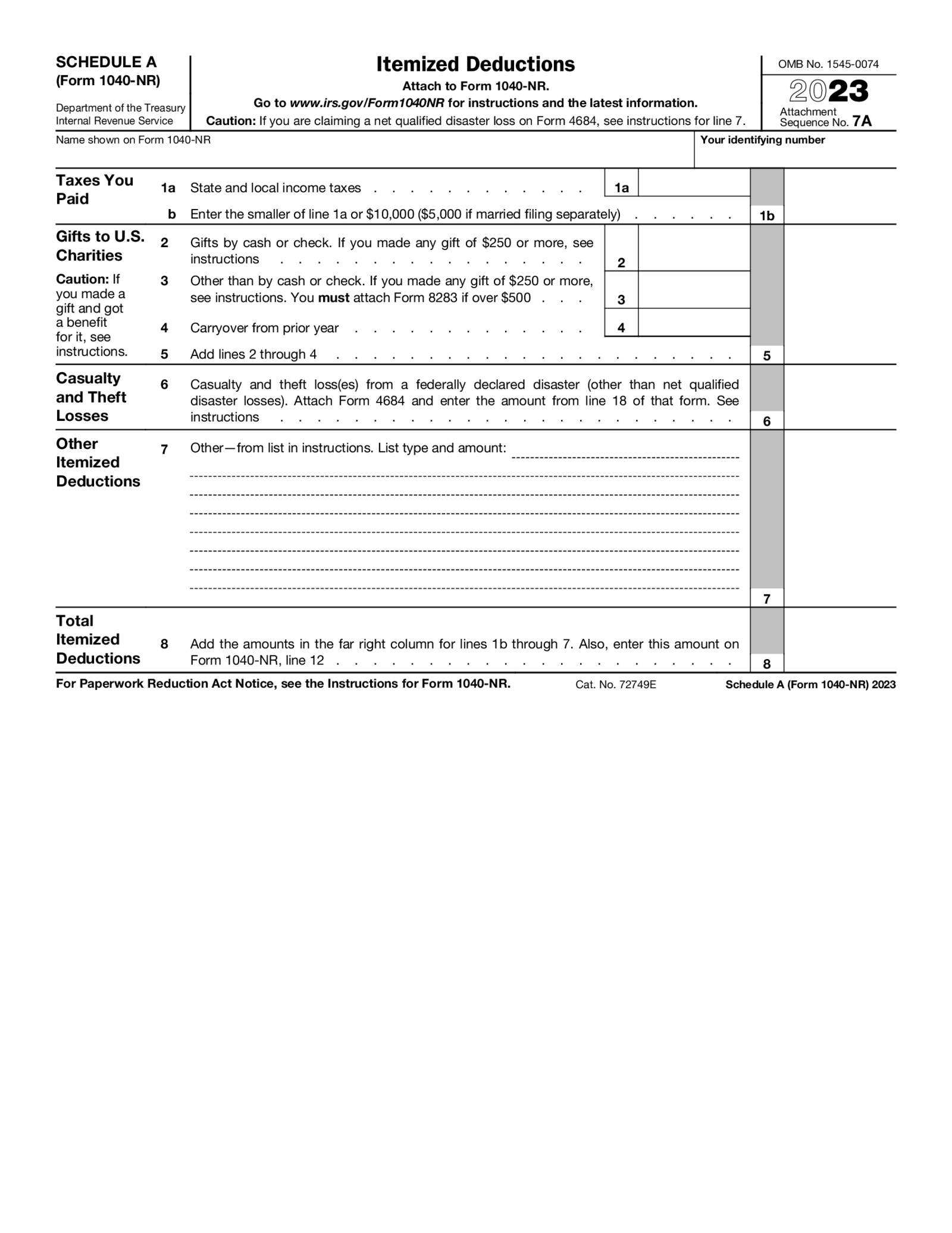 Schedule A - Form 1040-NR (2023) - Thumbnail