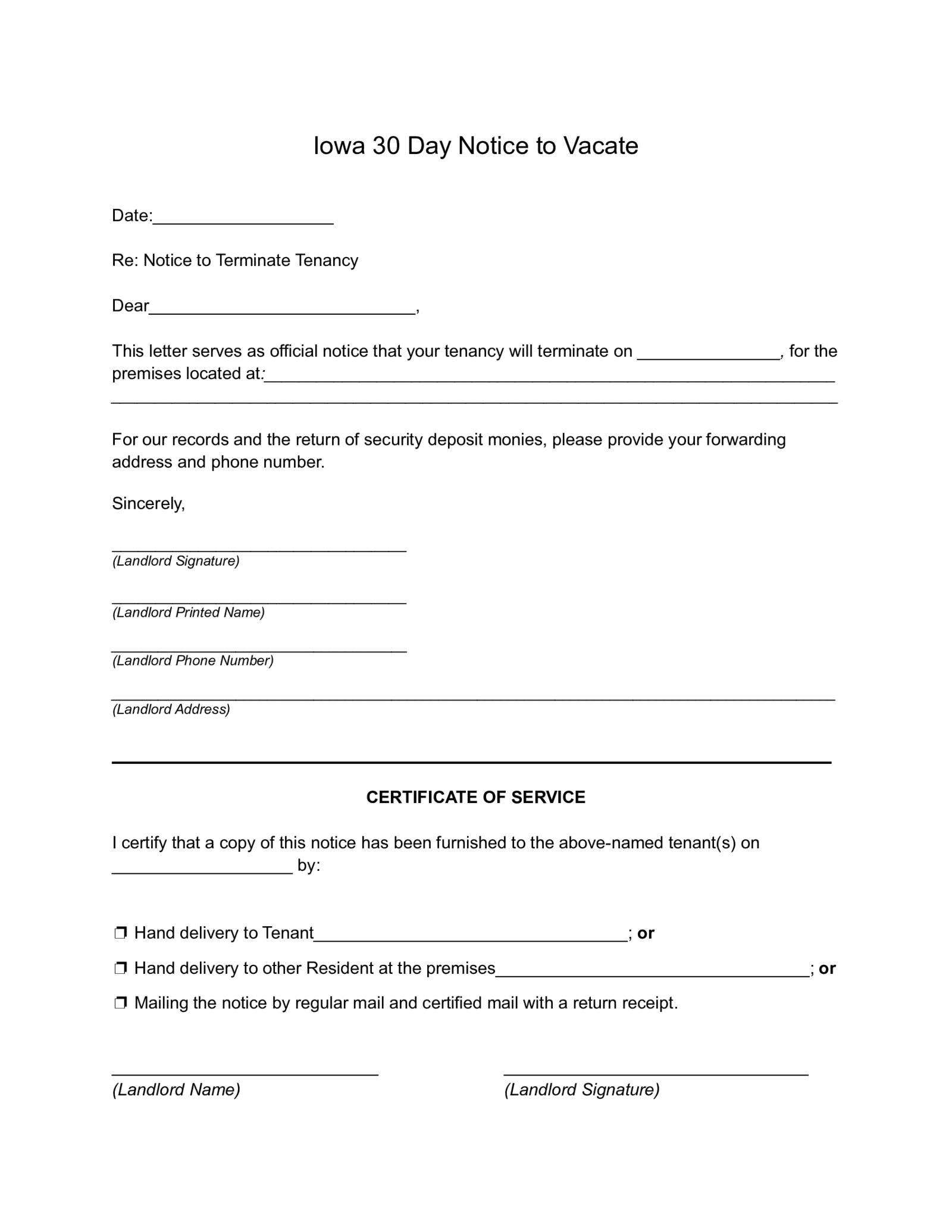 Iowa, 30 Day Lease Termination Notice Form - Thumbnail