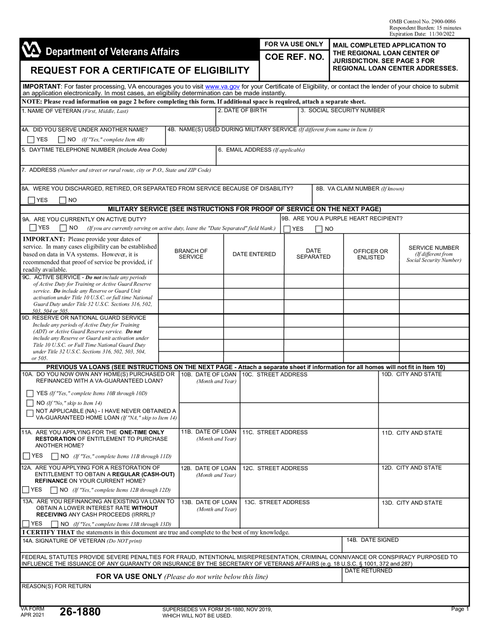 VA Form 26-1880 - Thumbnail