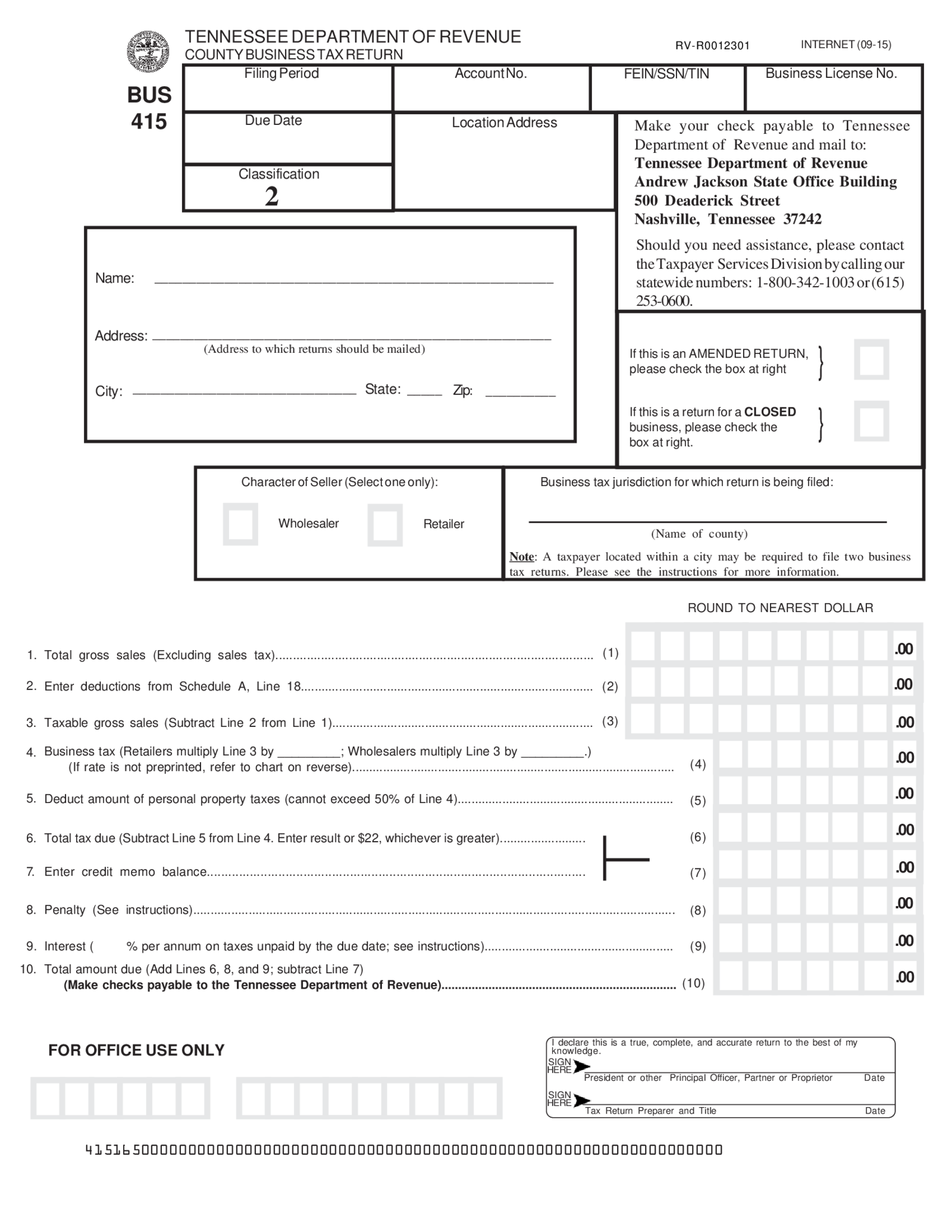 Fillable Business Tax Return (Form BUS-415) - Thumbnail