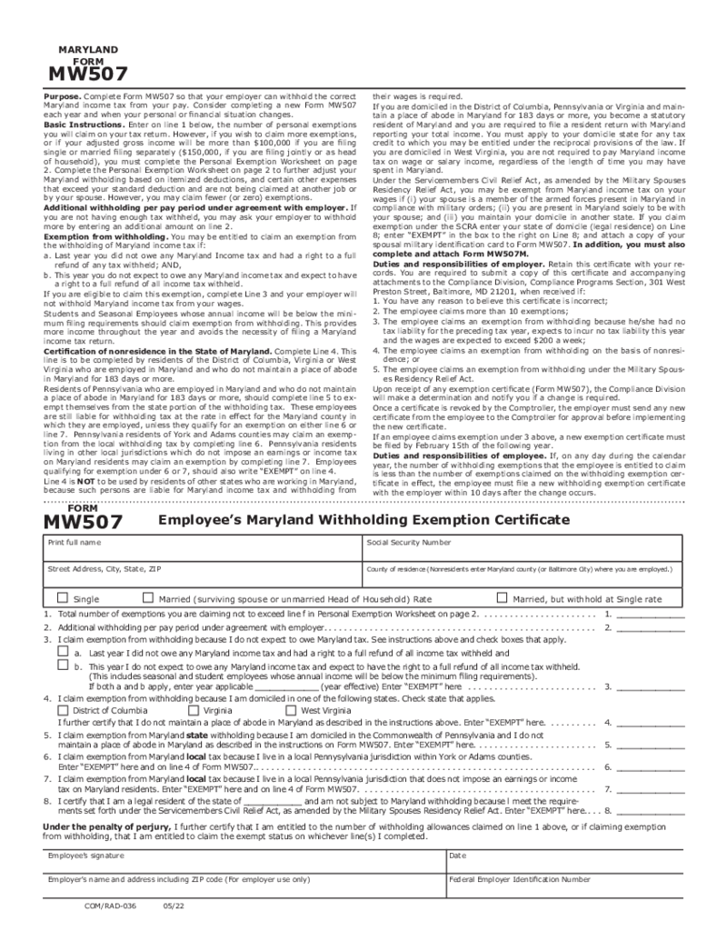 Maryland Tax Form MW507