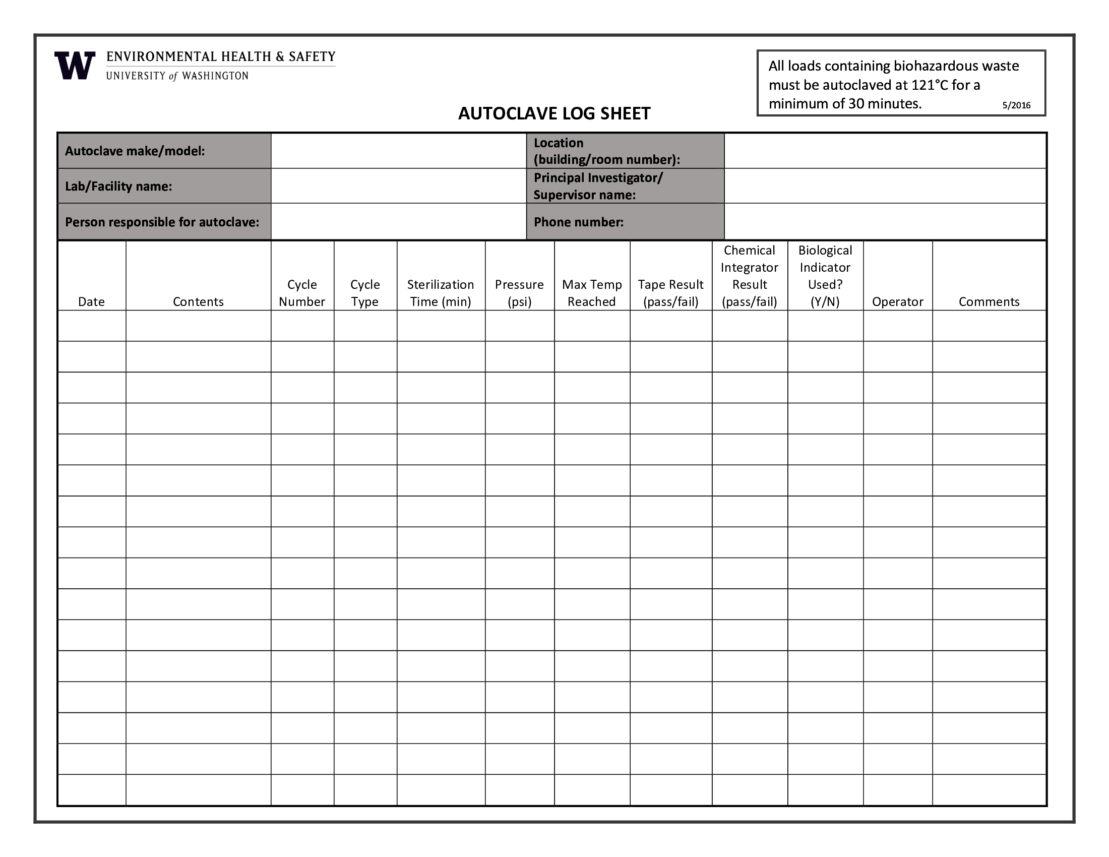 Fillable Autoclave Log Sheet Template - Thumbnail