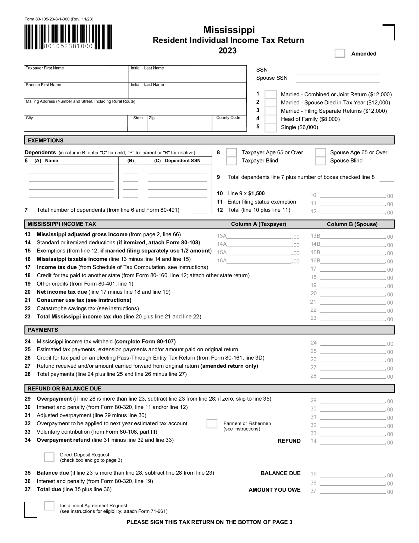 Mississippi Resident Individual Income Tax Return - Thumbnail