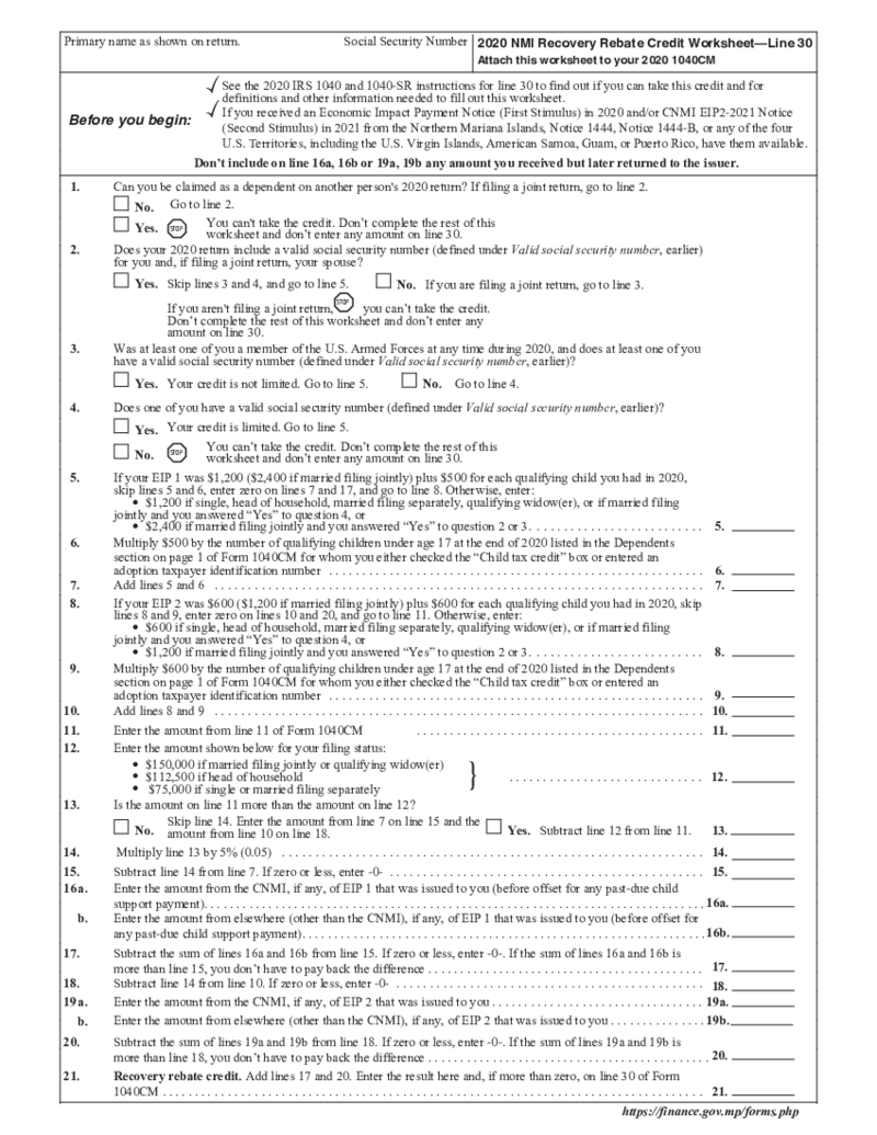 NMI Recovery Rebate Credit Worksheet