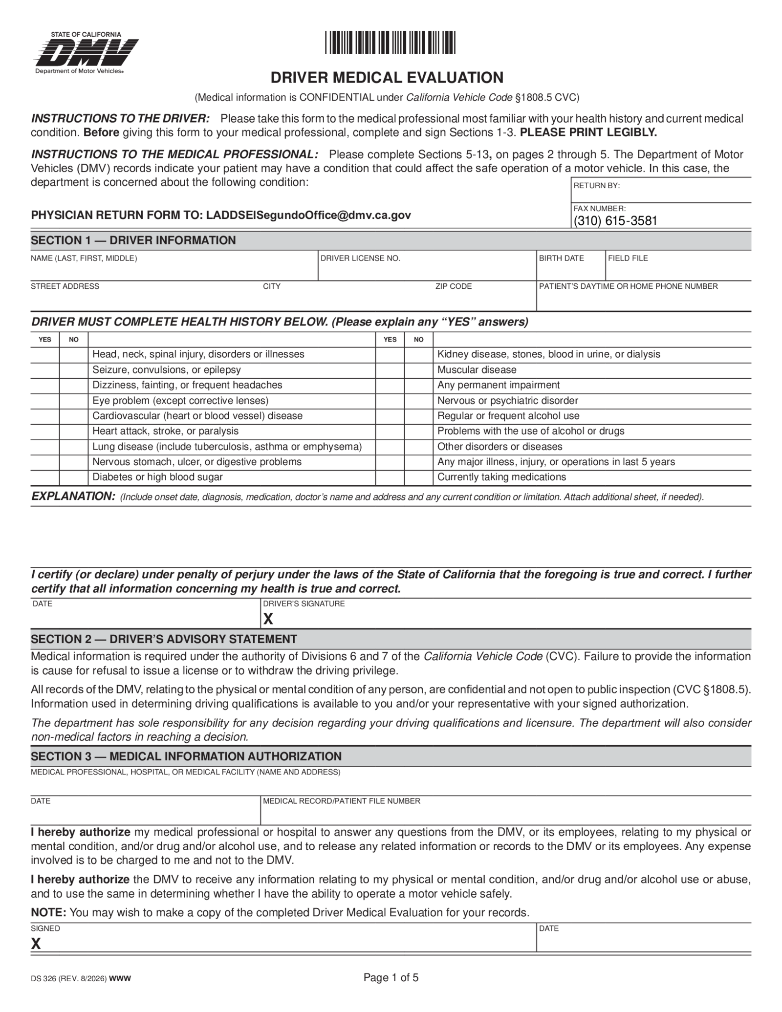 DS 326 Driver Medical Evaluation - Thumbnail