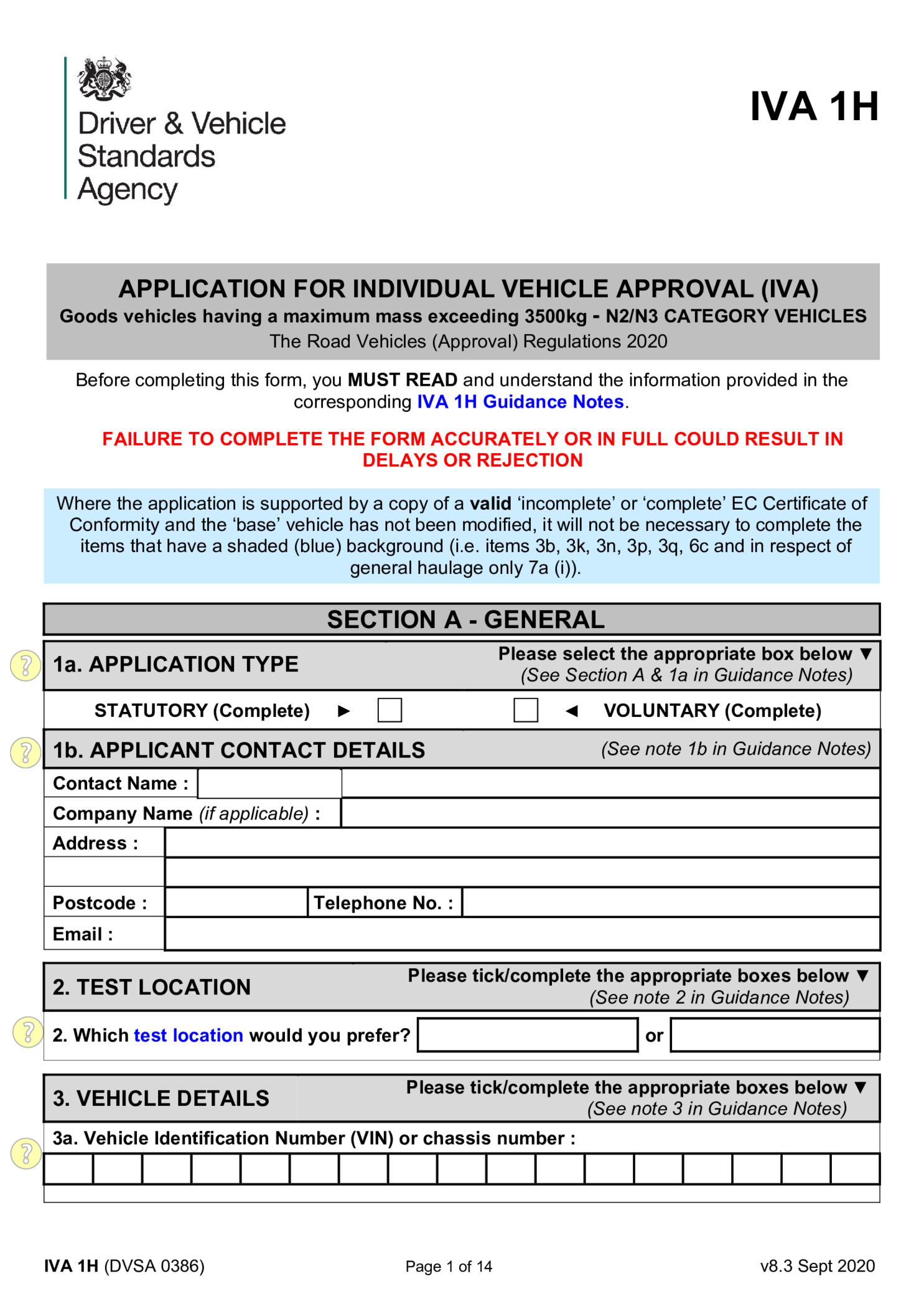 IVA Application Form 1H - Lorries or Goods Vehicles - Thumbnail