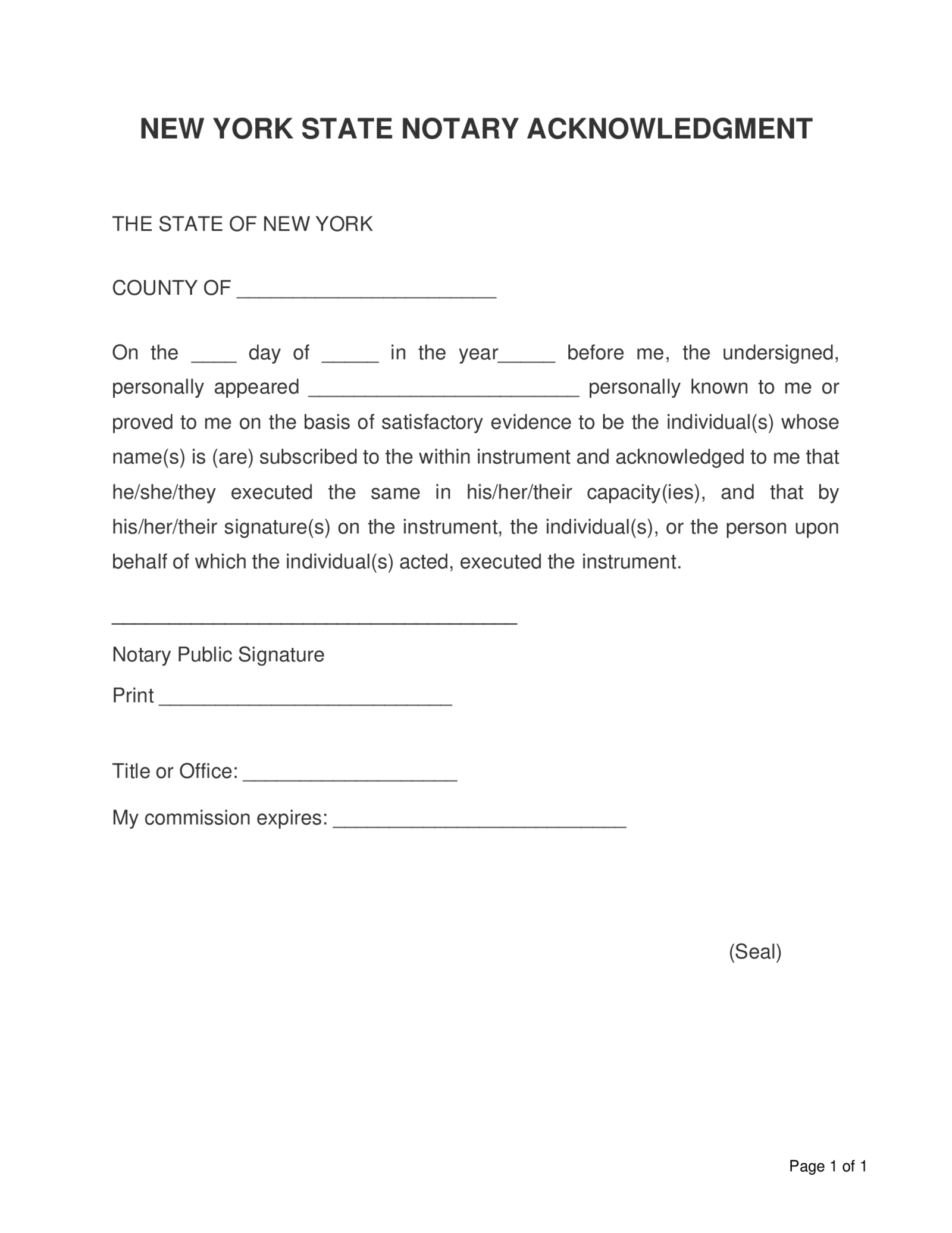 New York Notary Acknowledgment Form - Thumbnail