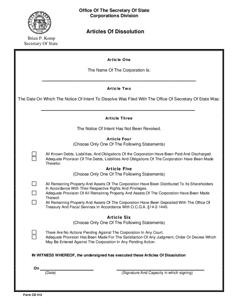 Articles Of Dissolutio - Georgia Secretary of State (Form CD 412)