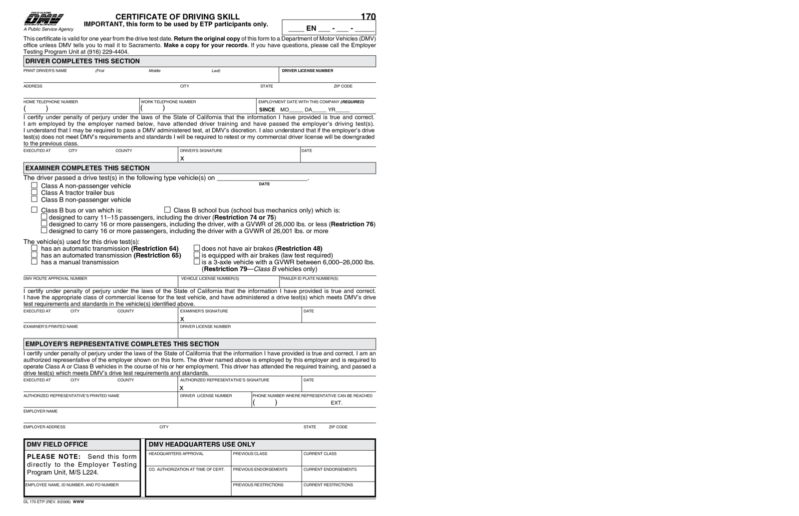 Fillable California Certificate of Driving Skill - Thumbnail