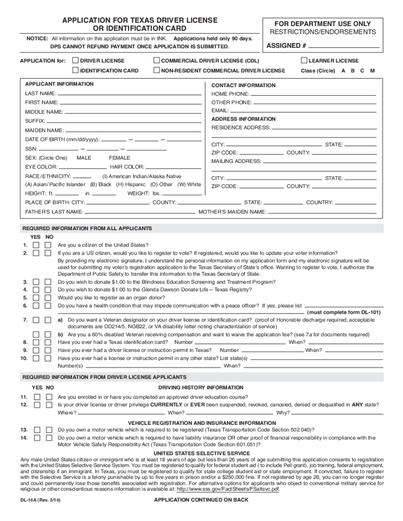 Texas Drivers License Application