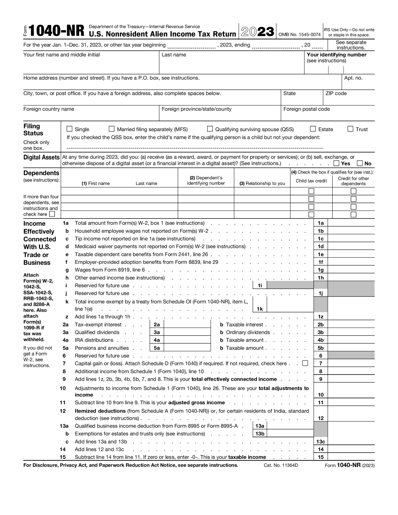 Tax Form 1040-NR 2023 - Thumbnail