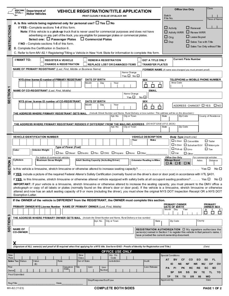 Form MV-82, Vehicle Registration Title Application - New York