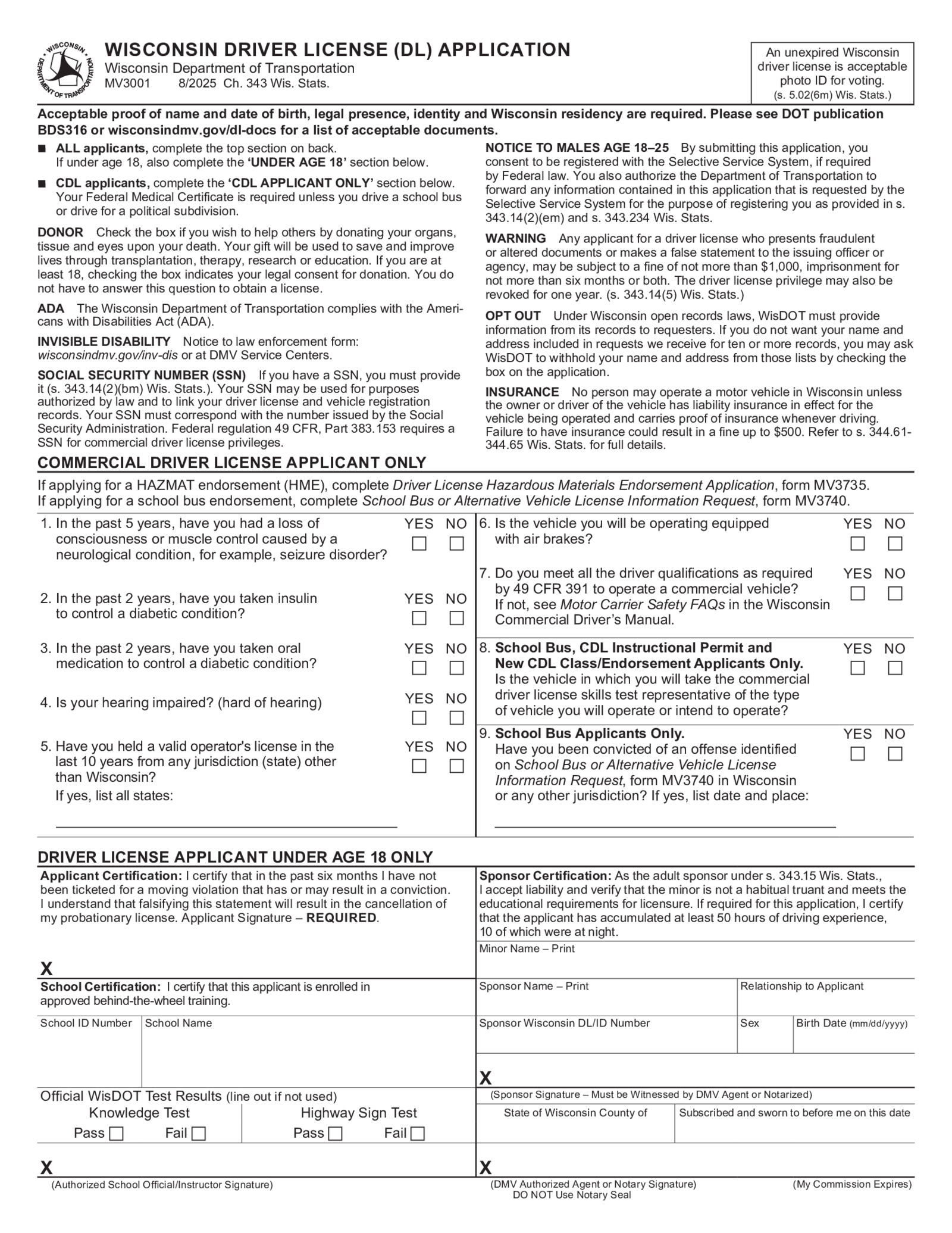 Form MV3001 - Wisconsin Driver License Application - Thumbnail