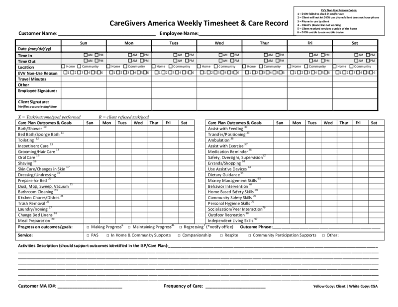 CareGivers America Weekly Timesheet and Care Record