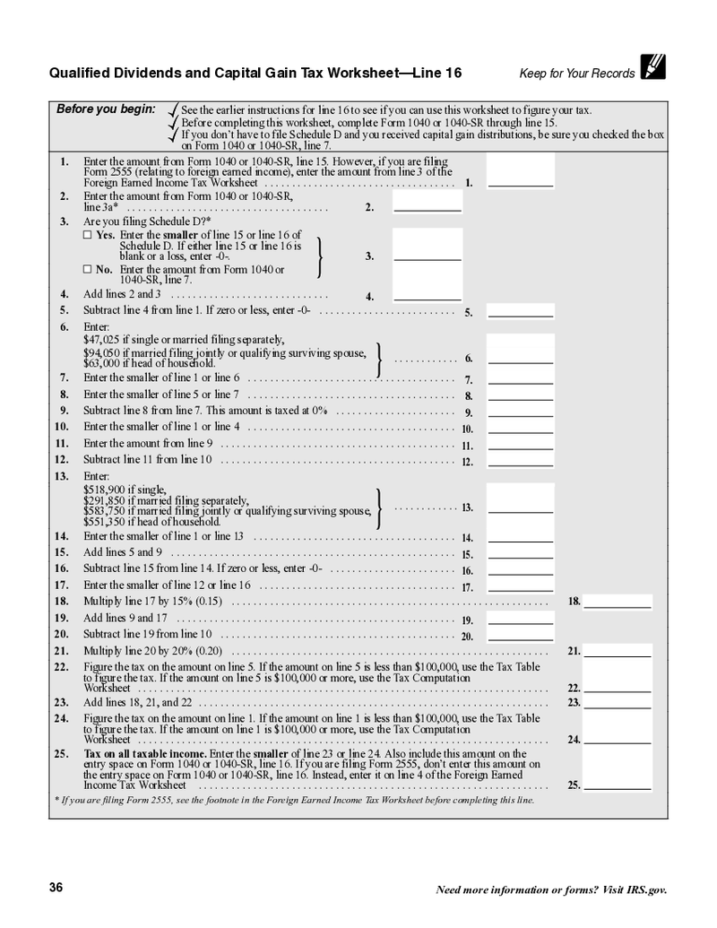Qualified Dividends and Capital Gain Tax Worksheet 2024