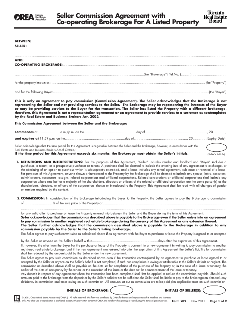 Form 202, Seller Commission Agreement with Co-operating Brokerage For A Listed Property