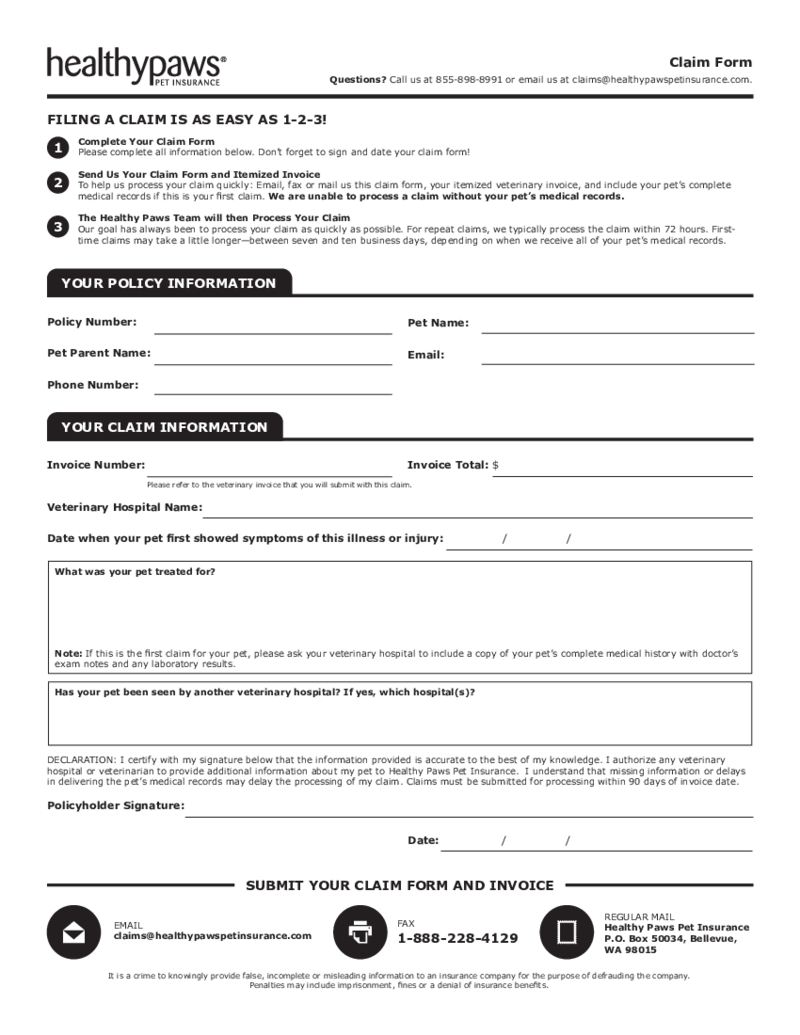 Healthy Paws Claim Form