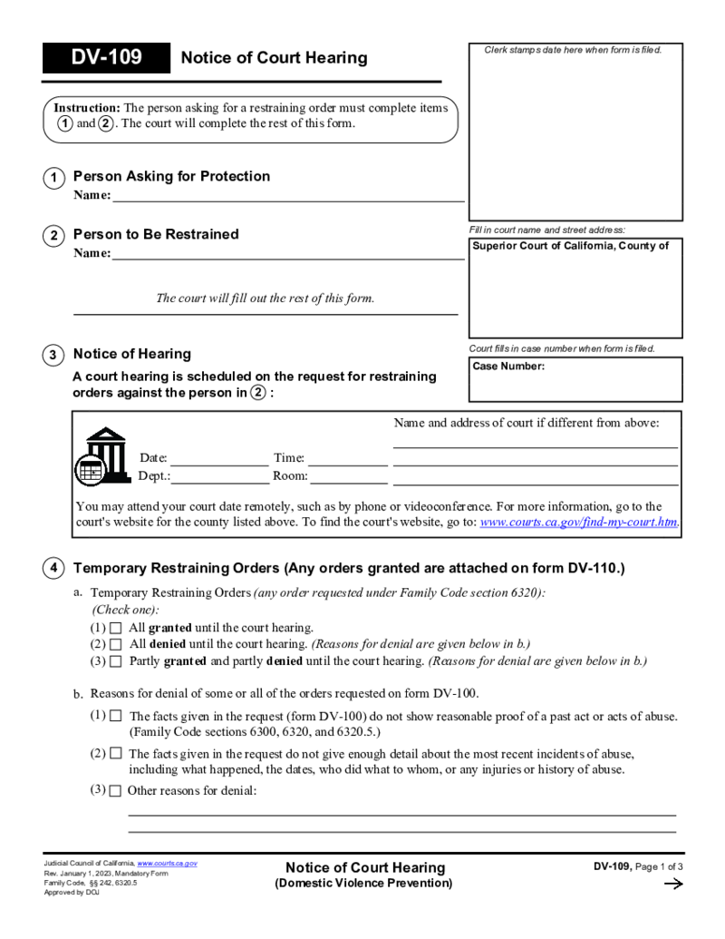 DV-109 Notice of Court Hearing