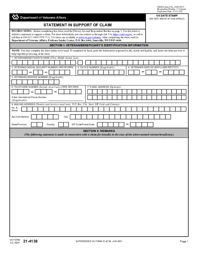 VA Form 21-4138 (Statement in Support of Claim)