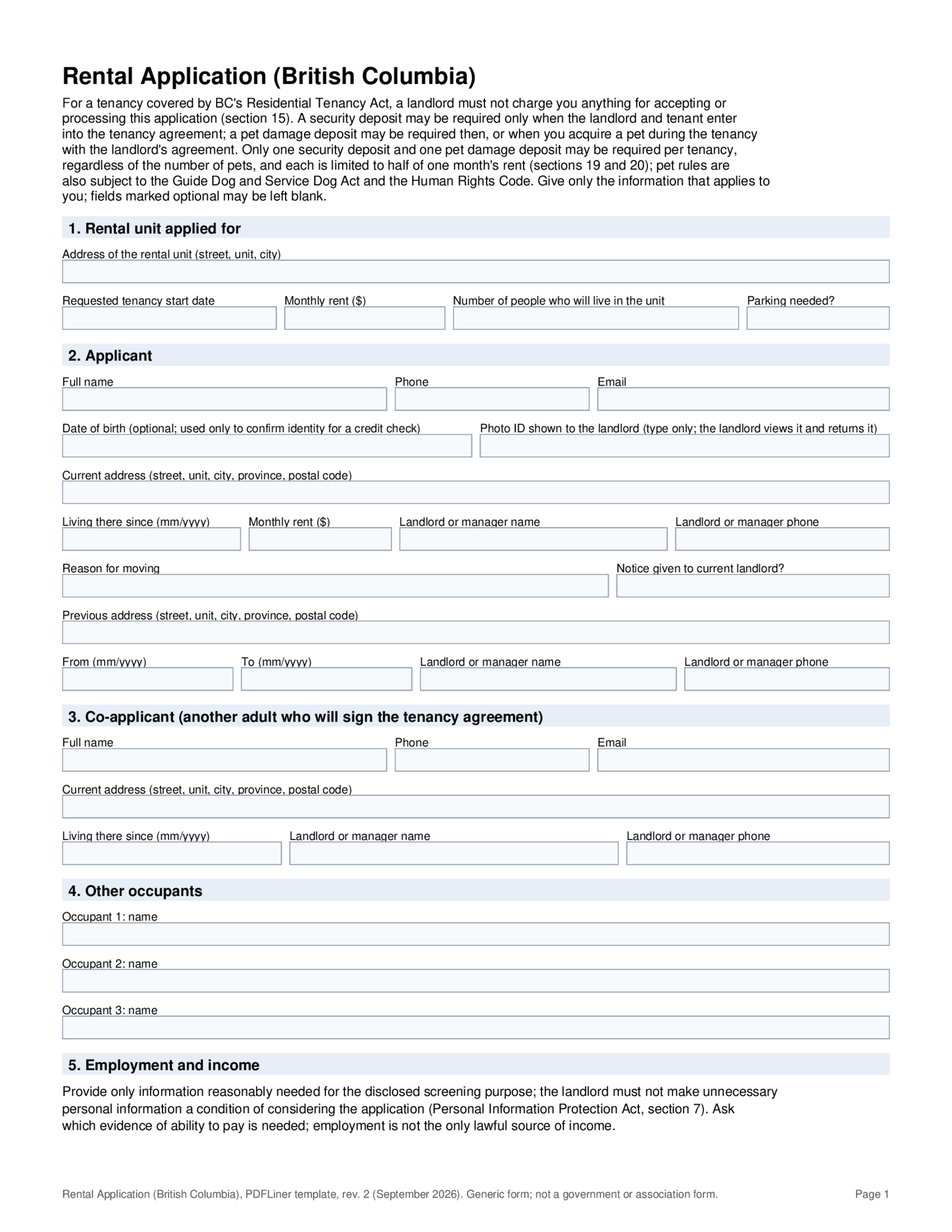 British Columbia Rental Application Form - Thumbnail
