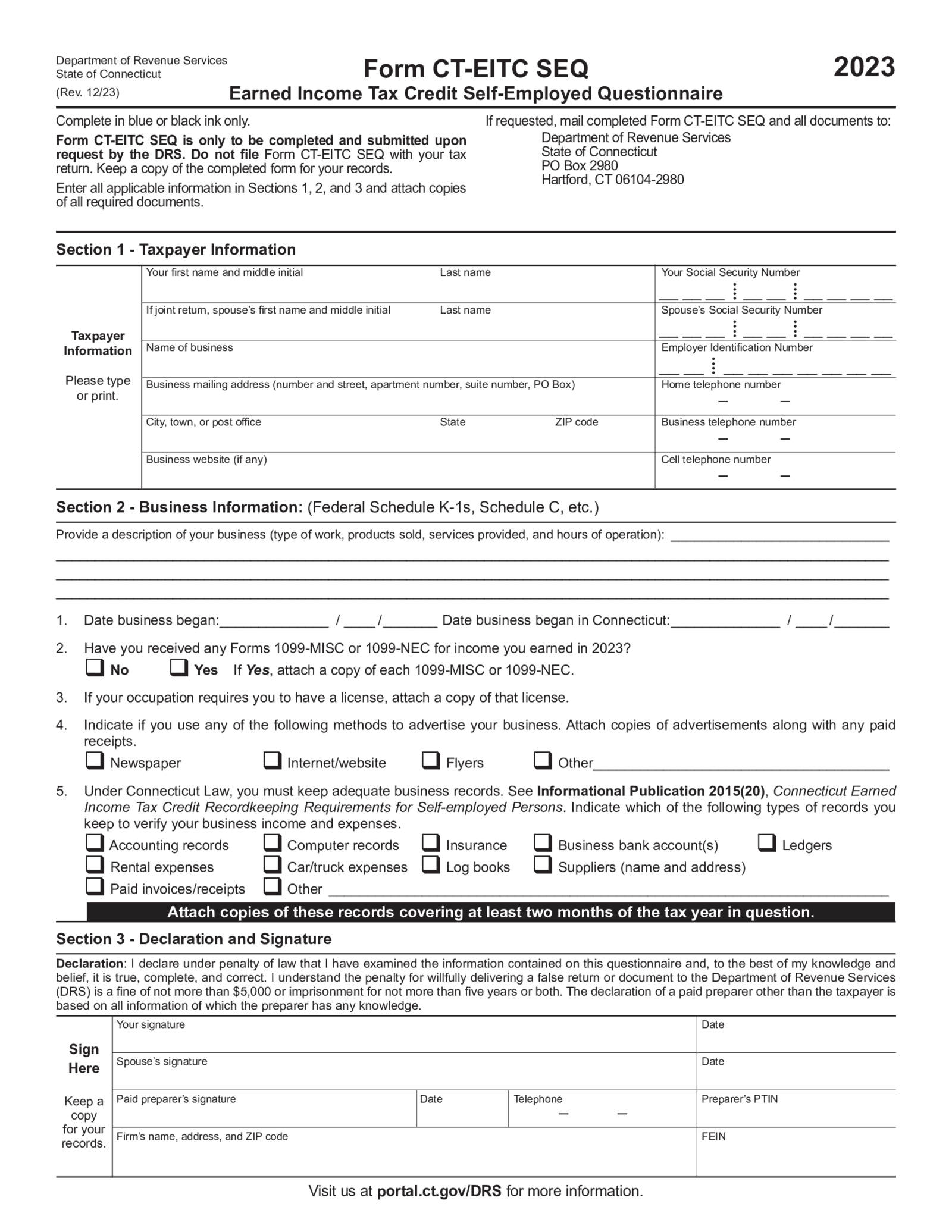 Connecticut Form CT-EITC SEQ - Thumbnail