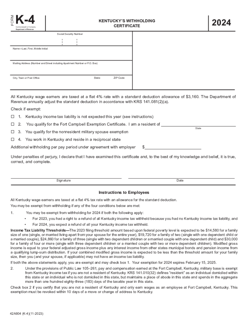 Kentucky Withholding Certificate - Form K-4