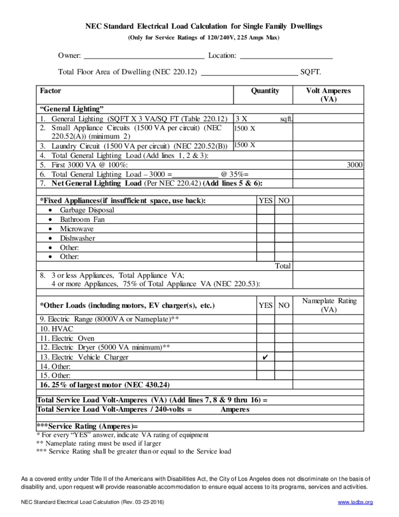 NEC Standard Electrical Load Calculation for Dwellings