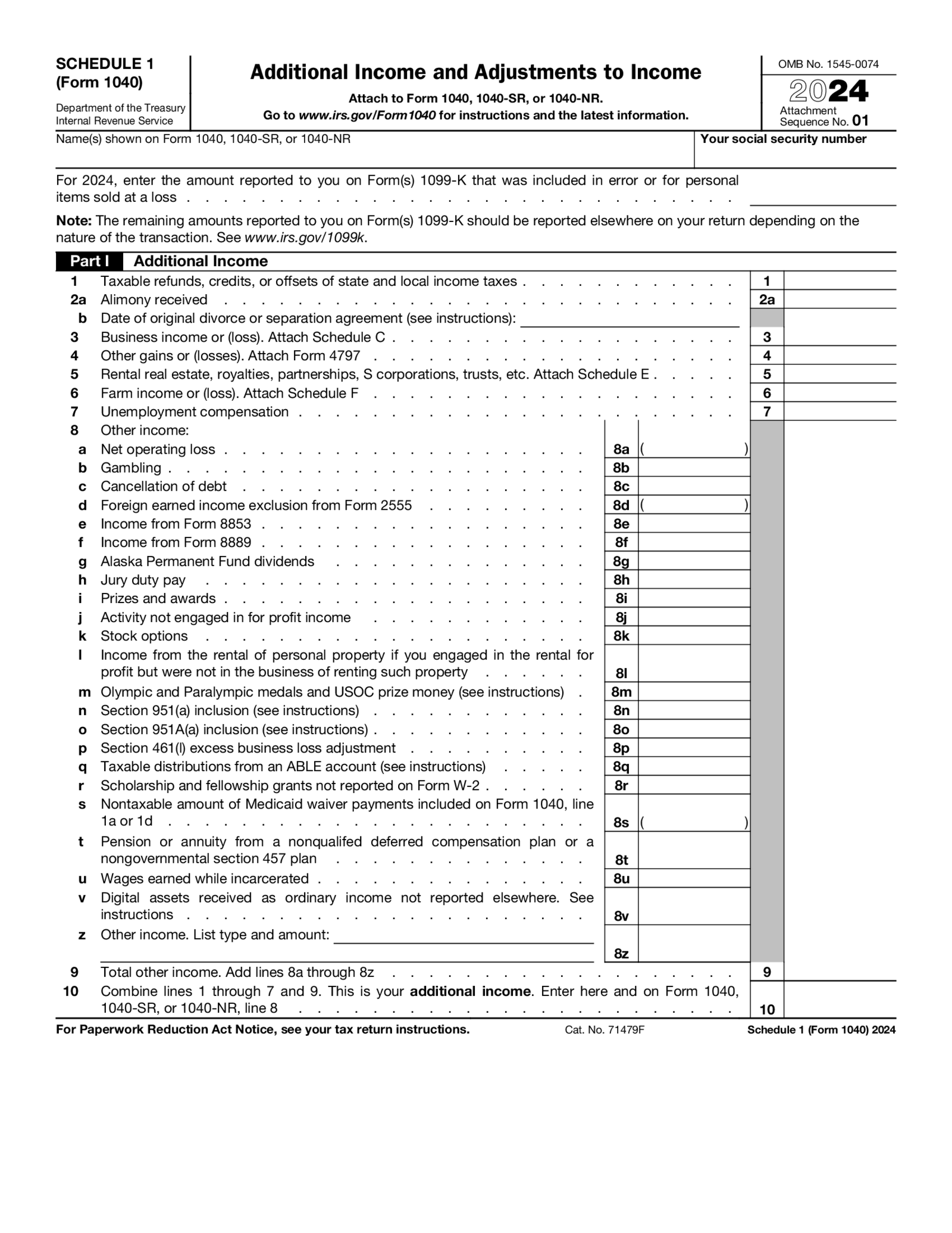 Form 1040 Schedule 1 (2024) - Thumbnail