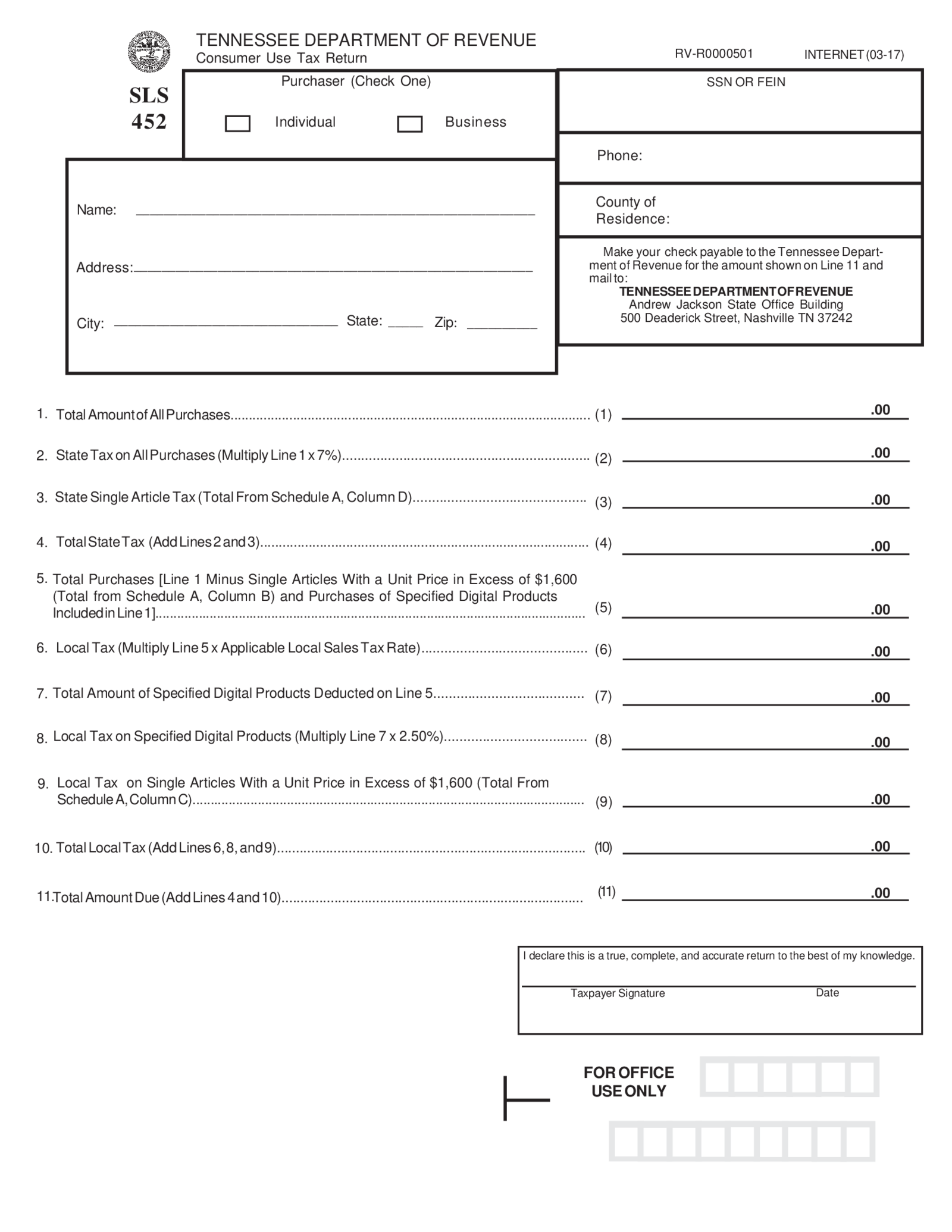 Fillable Consumer Use Tax Return SLS 452 - Thumbnail