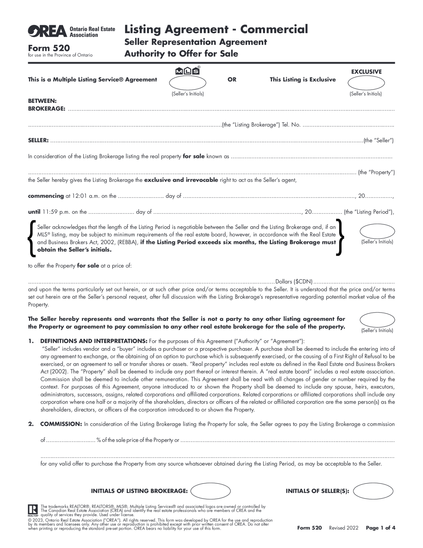 Form 520, Seller Representation Agreement - Thumbnail