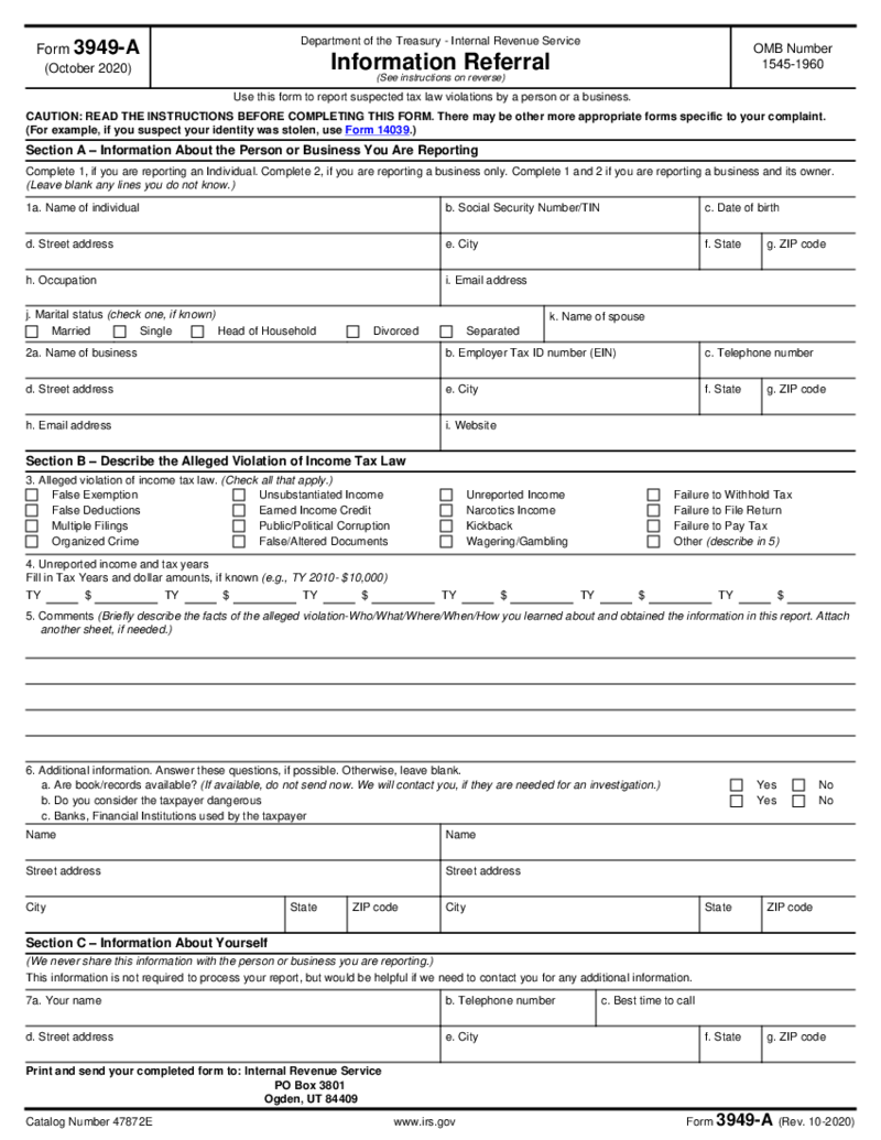 Form IRS 3949-A