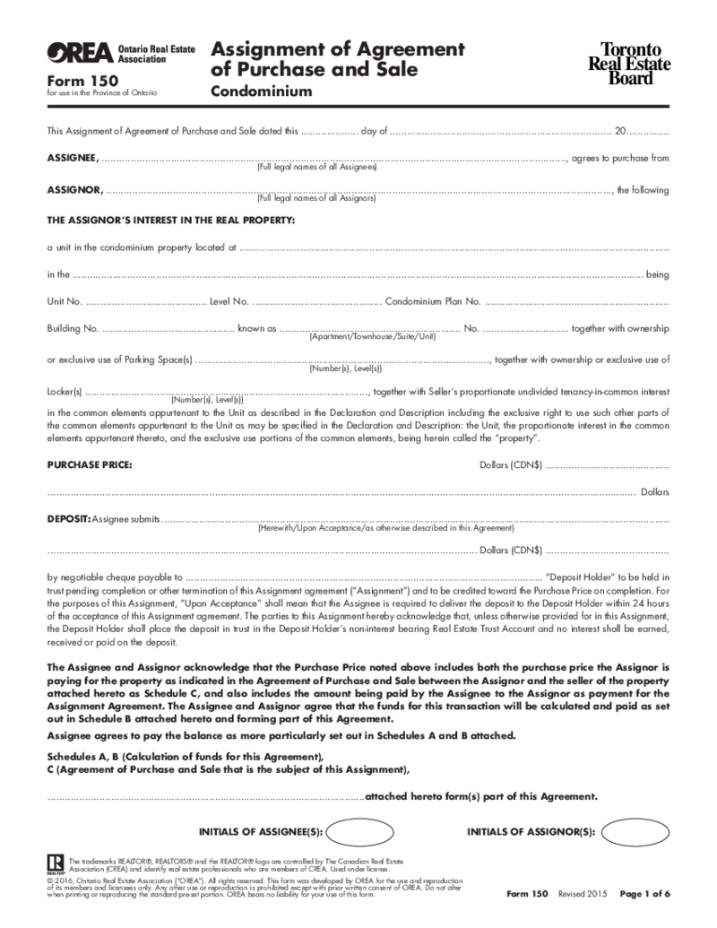 OREA Form 150, Assignment of Agreement of Purchase and Sale, Condominium