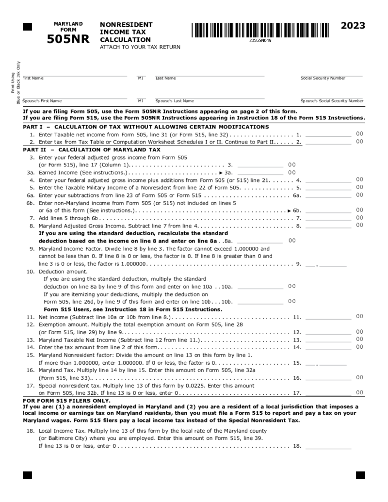 Maryland Tax Form 505NR Nonresident Income Tax Calculation