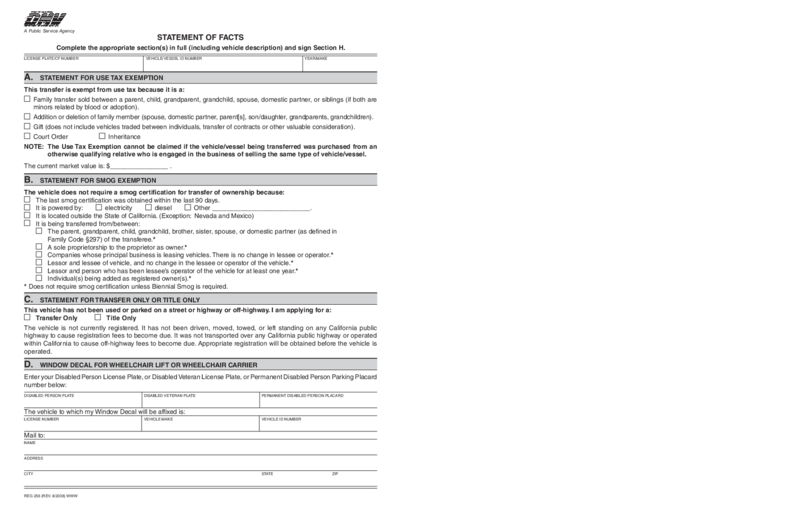 REG 256, Statement of Facts Form