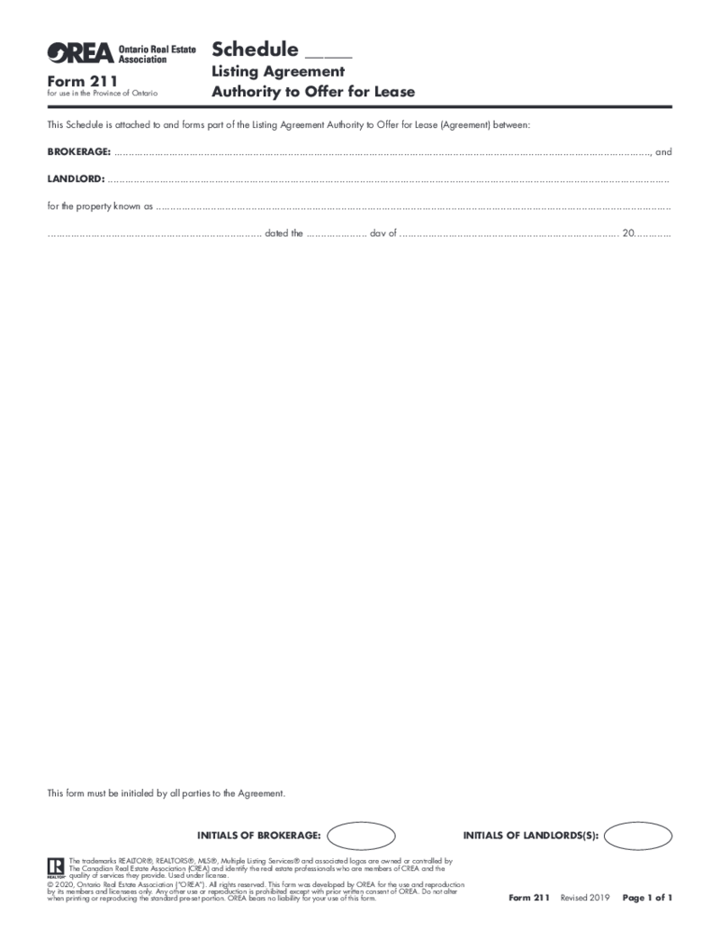 Form 211, Schedule - Listing Agreement - Authority to Offer for Lease