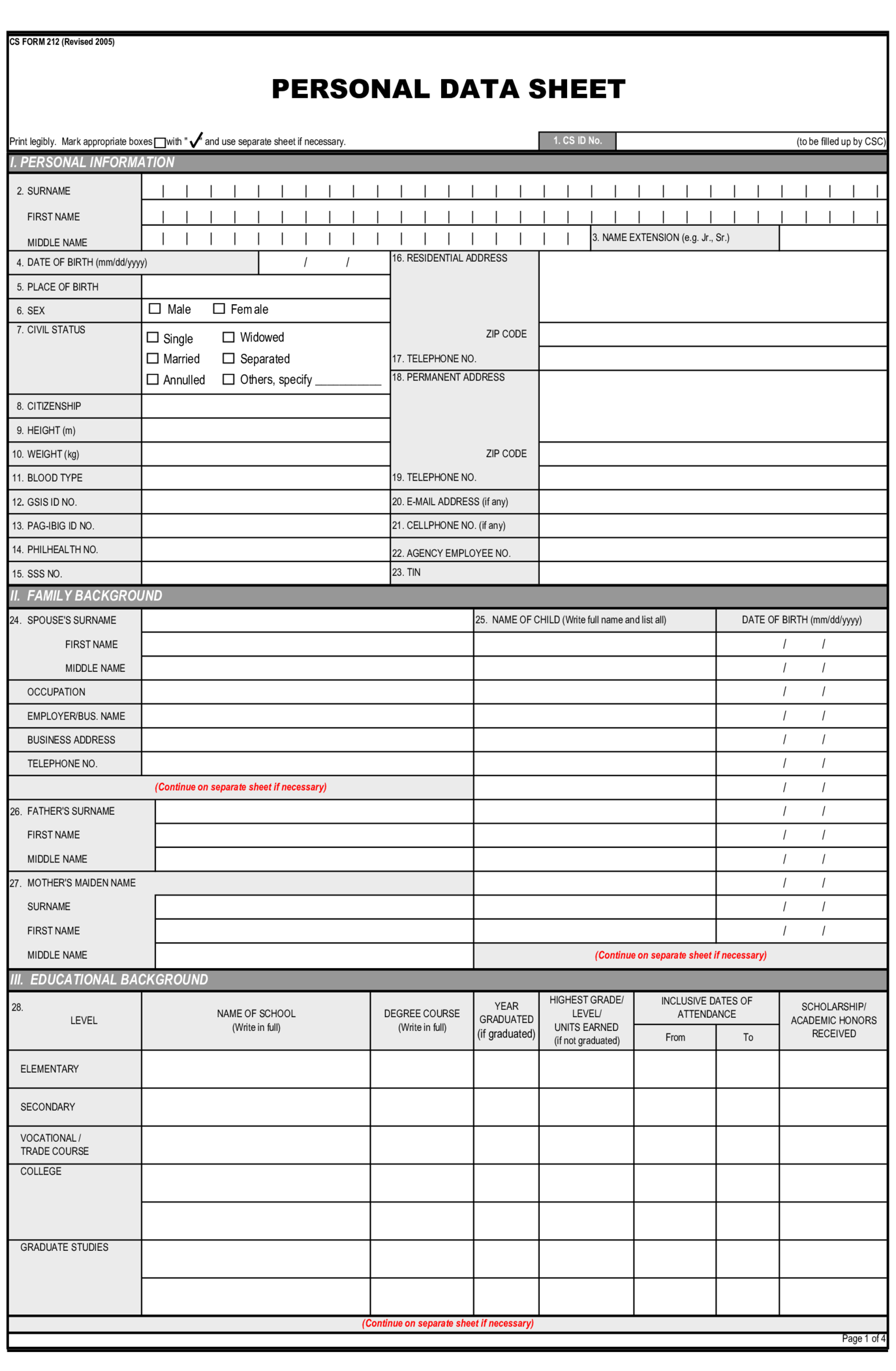 PUP CS Form 212, Personal Data Sheet - Thumbnail