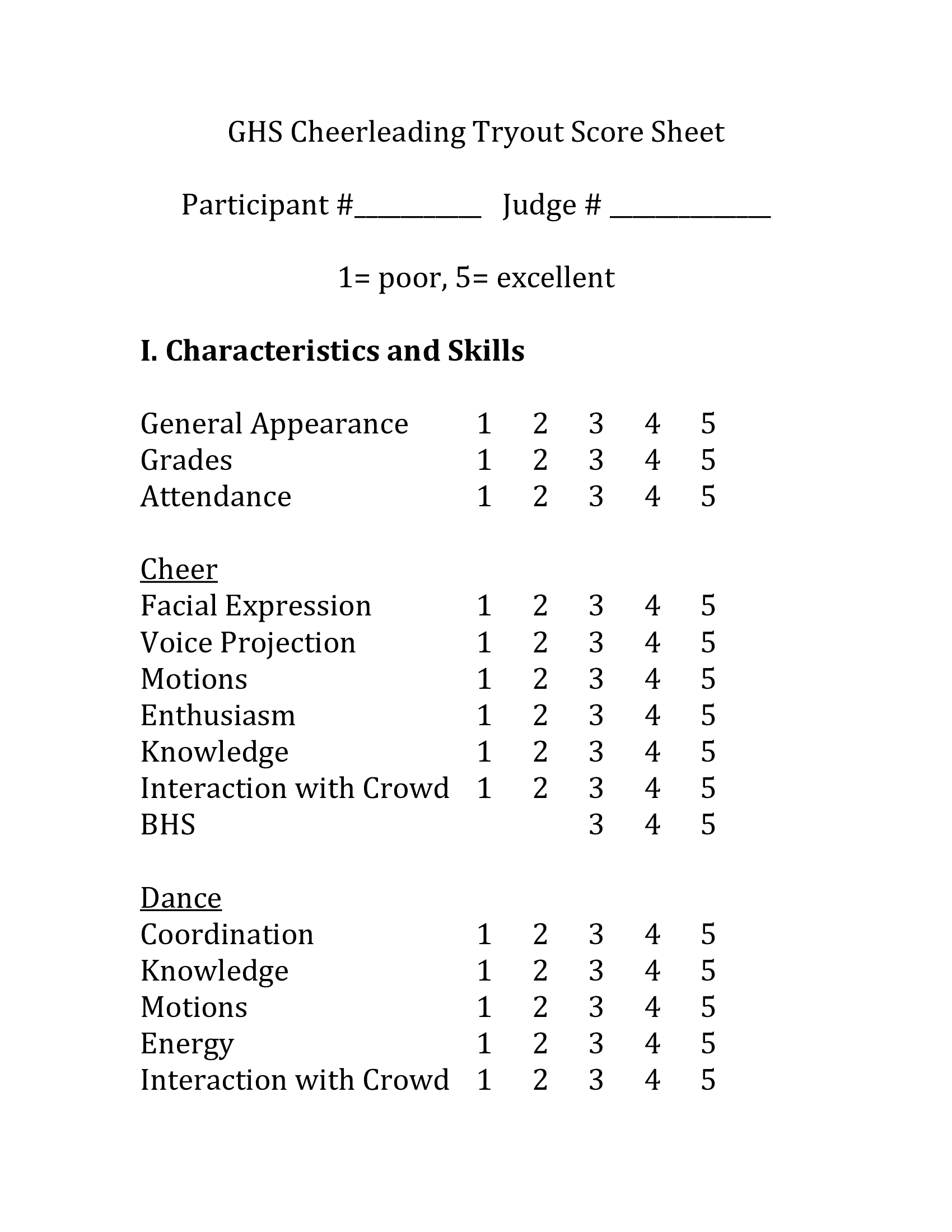 Cheer Tryout Score Sheet Template - Thumbnail