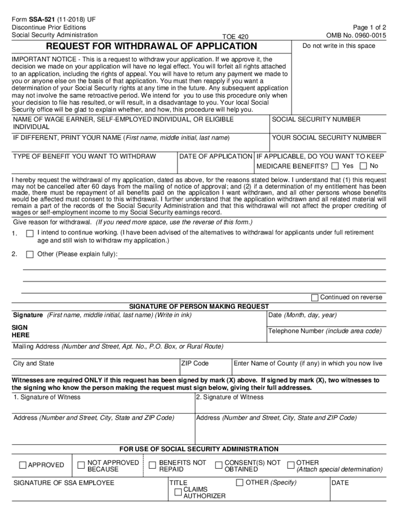 SSA-521 - Request for Withdrawal of Application